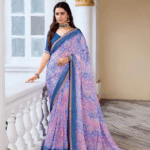 Pastel Violet And Purple Fancy Chiffon Digital Print Saree With Foil Print And Fancy Border