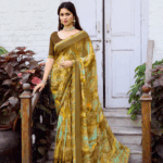 Sandy Taupe Fancy Chiffon Digital Print Saree With Foil Print And Fancy Border