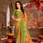 Green Printed Chiffon Saree With Weaved Satin Patta And Core Piping With Tassel