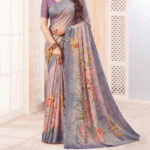 Greyish Purple Digital Print Chiffon Saree With Cut Work Border