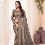 Pale Tobacco Brown Digital Print Chiffon Saree With Weaved Satin Patta And Tassel