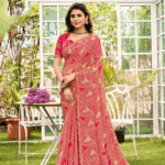 Pinkish Tan Printed Chiffon Saree With Fancy Cut Work Border