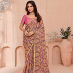 Dusty Pink And Dark Beige Printed Chiffon Saree With Fancy Border