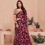 Wine Berry Printed Chiffon Saree With Cut Work Border
