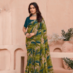 Pinkish Tan And Brownish Green Digital Printed Satin-Chiffon Saree With Cut Work Diamond Border