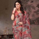 Purplish Brown And Pastel Red Designer Fancy Chiffon Digital Print Saree With Diamond Work And Cut Work Border