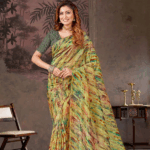 Pale Olive Green Designer Fancy Chiffon Digital Print Saree With Diamond Work