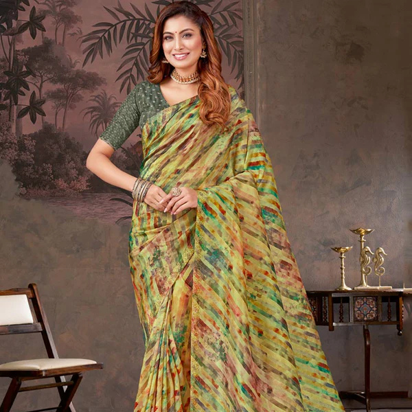 Pale Olive Green Designer Fancy Chiffon Digital Print Saree With Diamond Work