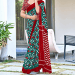 Teal mulcotton ikat print saree with unstitched blouse piece