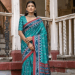 Ikat Printed Cotton Silk Saree in Teal Blue