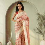 Cream Tussar Silk Saree with Ikat Print & Zari Butti Border
