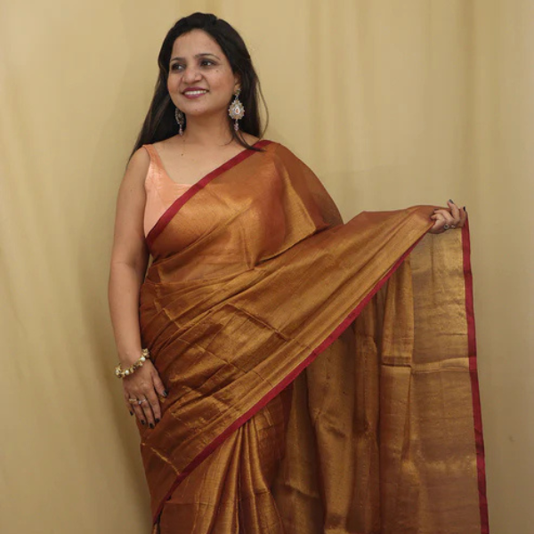 Exquisite Golden Bengal Plain Tissue Cotton Saree