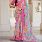 Blush Pink And Northern Blue Fancy Chiffon Digital Print Saree With Foil Print And Fancy Border