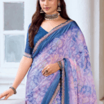 Pastel Violet And Purple Fancy Chiffon Digital Print Saree With Foil Print And Fancy Border - Image 2