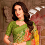 Green Printed Chiffon Saree With Weaved Satin Patta And Core Piping With Tassel - Image 4