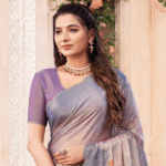 Greyish Purple Digital Print Chiffon Saree With Cut Work Border - Image 4