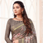 Pale Tobacco Brown Digital Print Chiffon Saree With Weaved Satin Patta And Tassel - Image 4