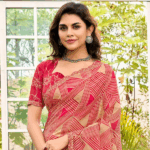 Pinkish Tan Printed Chiffon Saree With Fancy Cut Work Border - Image 4