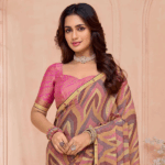 Dusty Pink And Dark Beige Printed Chiffon Saree With Fancy Border - Image 4