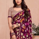 Wine Berry Printed Chiffon Saree With Cut Work Border - Image 3