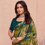 Pinkish Tan And Brownish Green Digital Printed Satin-Chiffon Saree With Cut Work Diamond Border - Image 4