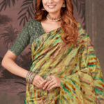 Pale Olive Green Designer Fancy Chiffon Digital Print Saree With Diamond Work - Image 4