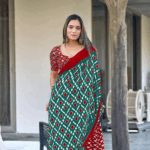 Teal mulcotton ikat print saree with unstitched blouse piece - Image 2