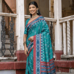 Ikat Printed Cotton Silk Saree in Teal Blue - Image 3