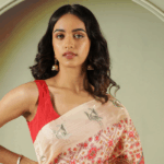 Cream Tussar Silk Saree with Ikat Print & Zari Butti Border - Image 4