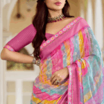 Blush Pink And Northern Blue Fancy Chiffon Digital Print Saree With Foil Print And Fancy Border - Image 3