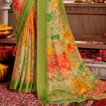 Green Printed Chiffon Saree With Weaved Satin Patta And Core Piping With Tassel - Image 3