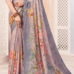 Greyish Purple Digital Print Chiffon Saree With Cut Work Border - Image 3
