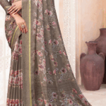 Pale Tobacco Brown Digital Print Chiffon Saree With Weaved Satin Patta And Tassel - Image 3