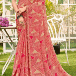 Pinkish Tan Printed Chiffon Saree With Fancy Cut Work Border - Image 3