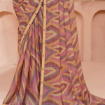 Dusty Pink And Dark Beige Printed Chiffon Saree With Fancy Border - Image 3