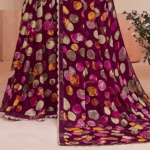 Wine Berry Printed Chiffon Saree With Cut Work Border - Image 2