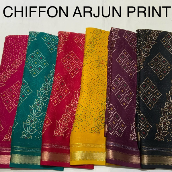 Trendy Chiffon Arjun Print Saree with Vibrant Colors & Modern Look
