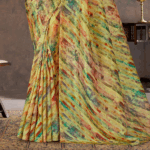 Pale Olive Green Designer Fancy Chiffon Digital Print Saree With Diamond Work - Image 3