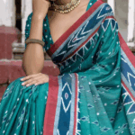 Ikat Printed Cotton Silk Saree in Teal Blue - Image 2