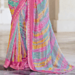 Blush Pink And Northern Blue Fancy Chiffon Digital Print Saree With Foil Print And Fancy Border - Image 2