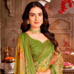 Green Printed Chiffon Saree With Weaved Satin Patta And Core Piping With Tassel - Image 2