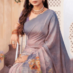 Greyish Purple Digital Print Chiffon Saree With Cut Work Border - Image 2