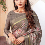 Pale Tobacco Brown Digital Print Chiffon Saree With Weaved Satin Patta And Tassel - Image 2