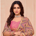 Dusty Pink And Dark Beige Printed Chiffon Saree With Fancy Border - Image 2