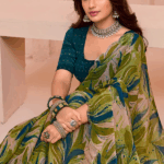 Pinkish Tan And Brownish Green Digital Printed Satin-Chiffon Saree With Cut Work Diamond Border - Image 2