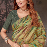 Pale Olive Green Designer Fancy Chiffon Digital Print Saree With Diamond Work - Image 2