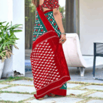 Teal mulcotton ikat print saree with unstitched blouse piece - Image 4