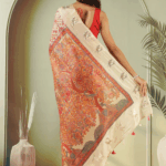 Cream Tussar Silk Saree with Ikat Print & Zari Butti Border - Image 2