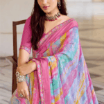 Blush Pink And Northern Blue Fancy Chiffon Digital Print Saree With Foil Print And Fancy Border - Image 4