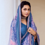 Pastel Violet And Purple Fancy Chiffon Digital Print Saree With Foil Print And Fancy Border - Image 3